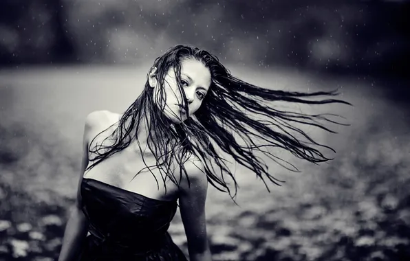 Picture girl, drops, rain, wet hair