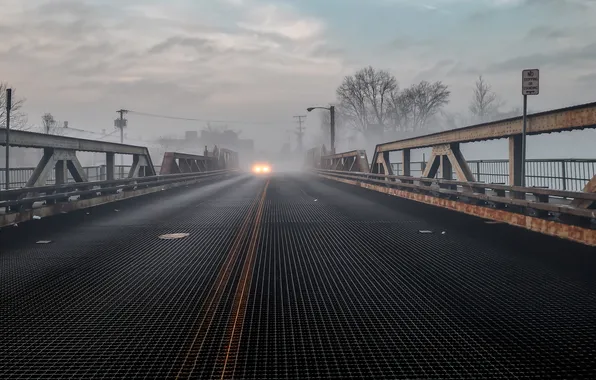 Light, bridge, fog, car, New Jersey