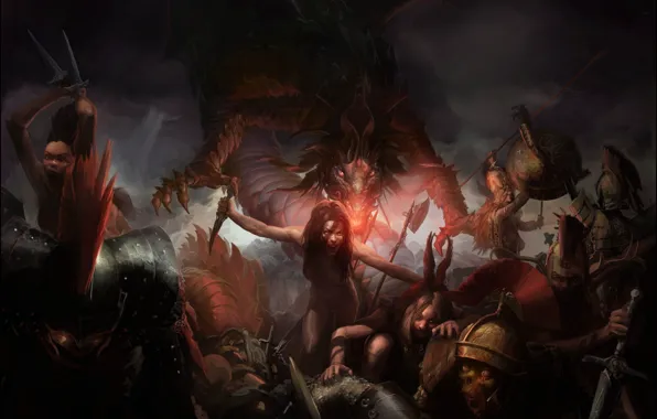 Girls, Dragon, rage, zombies, snakes, dagger, battle, skeletons
