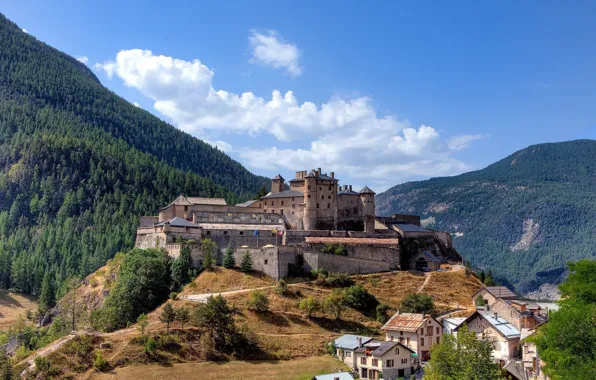 Forest, the sky, clouds, trees, landscape, mountains, the city, castle