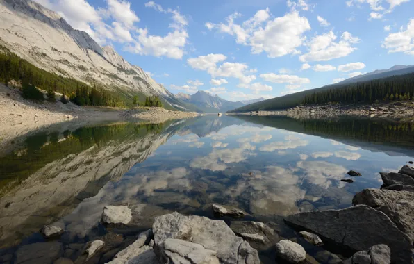 Forest, clouds, mountains, fog, lake, reflection, blue, stones