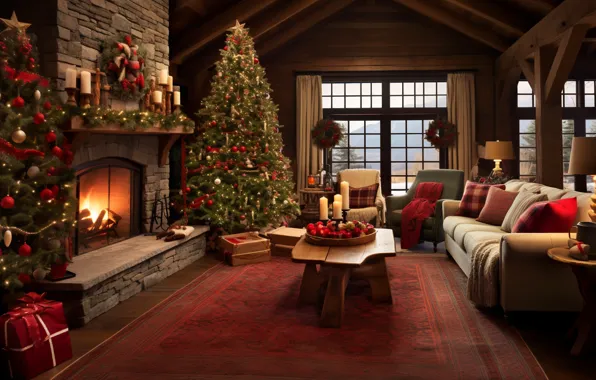 Decoration, house, room, balls, tree, interior, New Year, Christmas