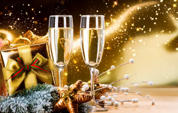 Decoration, gift, New Year, glasses, champagne, New Year, Happy