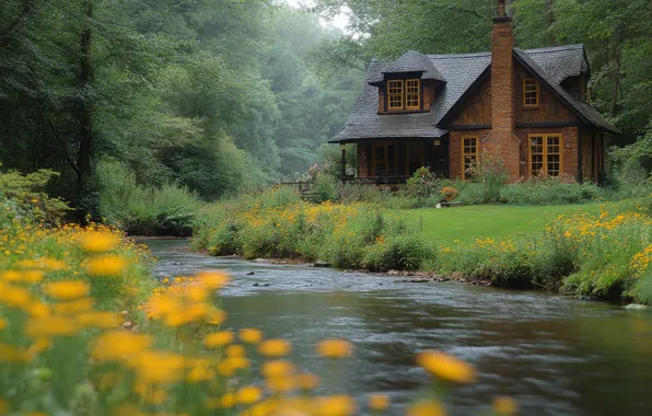 Greens, forest, summer, trees, landscape, flowers, nature, house