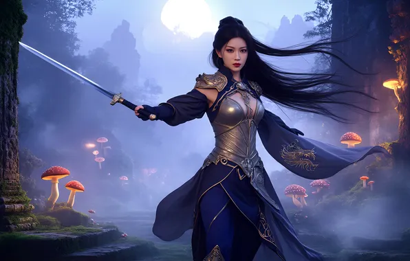 Forest, girl, mushrooms, sword, Chinese, armor, Asian, fantasy