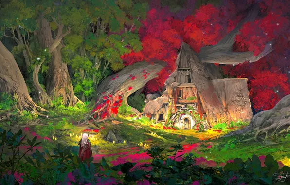 Sword, fantasy, forest, field, tree, digital art, artwork, warrior