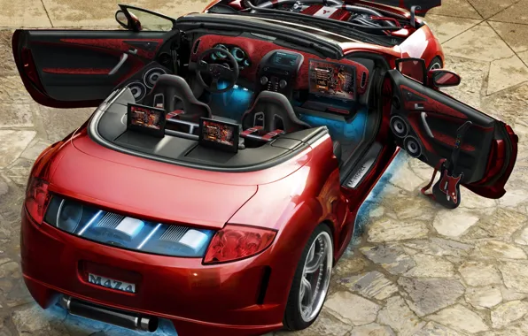 Red, tuning, convertible, mitsubishi, engine, monitors, system, backlight.