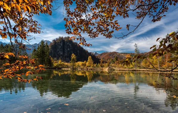Autumn, trees, landscape, mountains, branches, nature, lake, hills