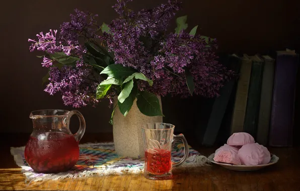 Light, flowers, table, books, bouquet, spring, mug, vase