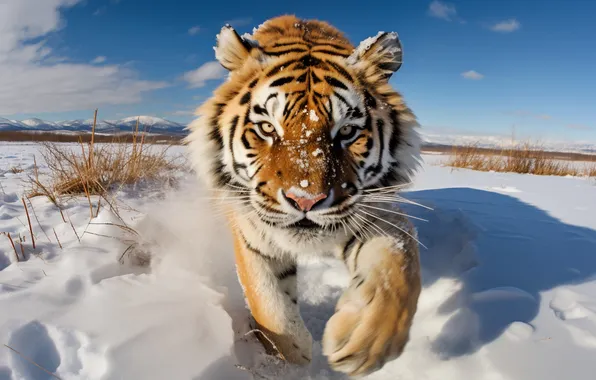 Winter, Look, Tiger, Snow, Front, Digital art, Big cat, Siberian tiger
