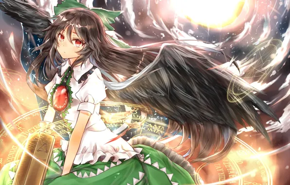 Magic, wings, feathers, The moon, blouse, red eyes, art, Touhou