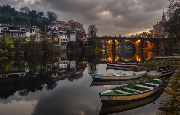 The sky, clouds, light, clouds, bridge, the city, lights, lake