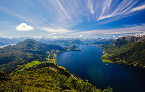 Greens, forest, the sky, clouds, mountains, fog, lake, river