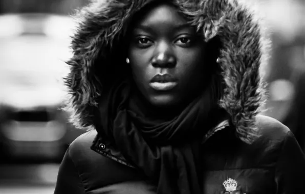 Woman, street, hood, direct gaze