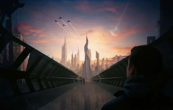 Bridge, The city, Future, The moon, Aircraft, People, People, Style