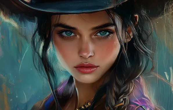 Picture girl, hat, eyes, cowgirl, ai art