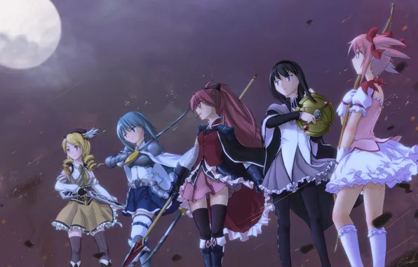 Picture night, weapons, girls, the moon, sword, hat, anime, bow