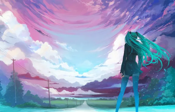 Road, the sky, clouds, hair, Girl, power lines