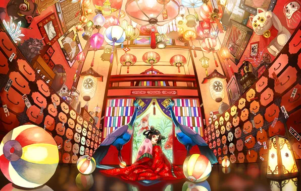 Fish, birds, girls, interior, lights, pictures, stained glass, kimono