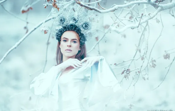 Winter, look, leaves, girl, snow, flowers, branches, nature