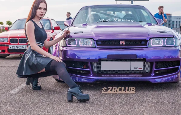 Auto, Girls, beautiful girl, posing, Nissan Skyline