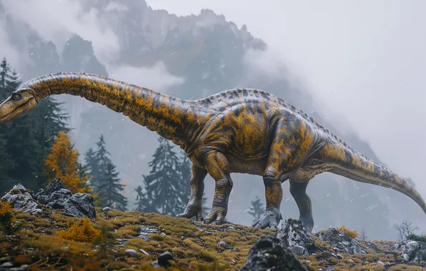 Mountains, Stones, Dinosaur, Neck, Animal, Digital art, Ancient animals, Extinct animals
