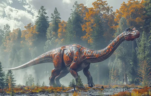 Grass, Trees, Dinosaur, Neck, Animal, Tail, Digital art, Ancient animals