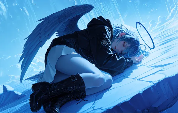 Picture girl, blue, wings, angel, resting