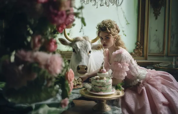 White, girl, flowers, room, cow, fantasy, cake, white