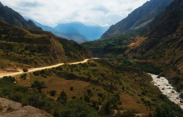 Road, clouds, trees, mountains, horizon, space, mountain landscape, Pavel Abakumov