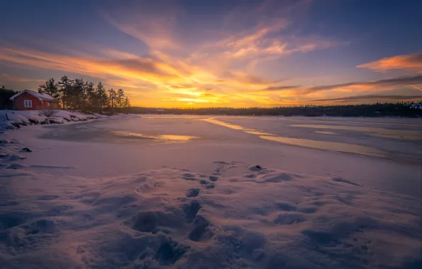 Winter, snow, sunset, traces, lake, ice, Norway, house