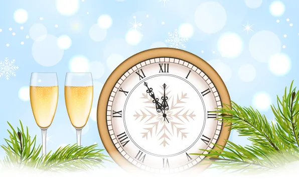 Snowflakes, time, glare, background, holiday, watch, vector, glasses