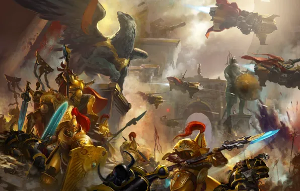 Picture city, chaos, space marine, battle, Warhammer 40 000, statue, Griffin, Black Legion