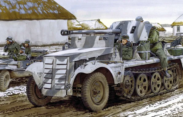 Picture figure, art, 5 cm, traction car, PaK 38, German half-track armored truck