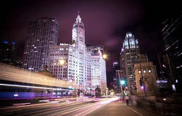 Night, the city, lights, skyscrapers, Chicago, Illinois, Michigan