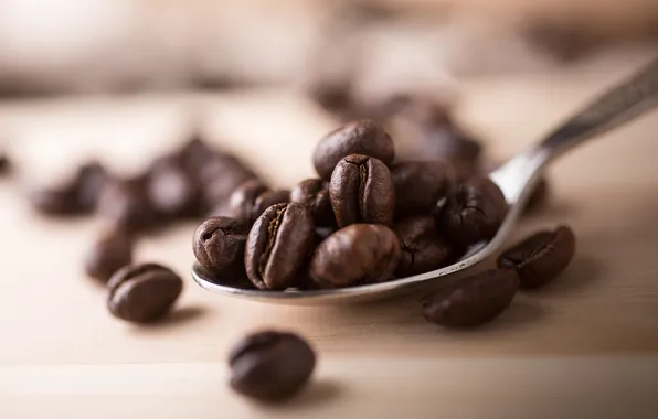 Macro, coffee, grain, spoon, brown