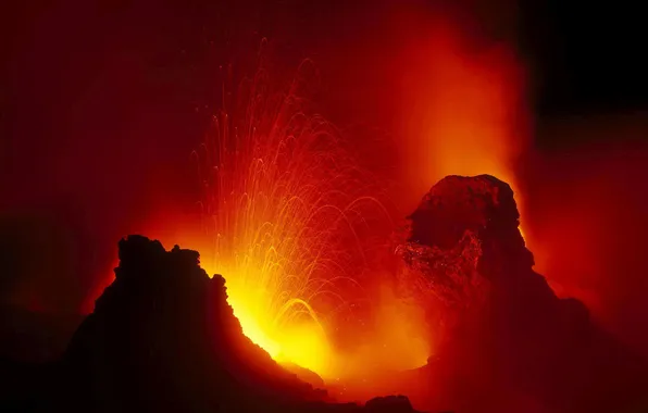 Picture the sky, mountains, night, the volcano, the eruption