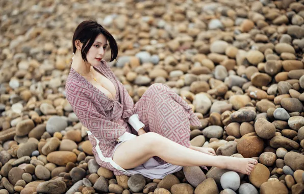 Picture girl, stones, Asian
