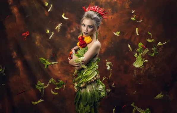 Picture look, leaves, girl, style, background, mushrooms, crown, makeup