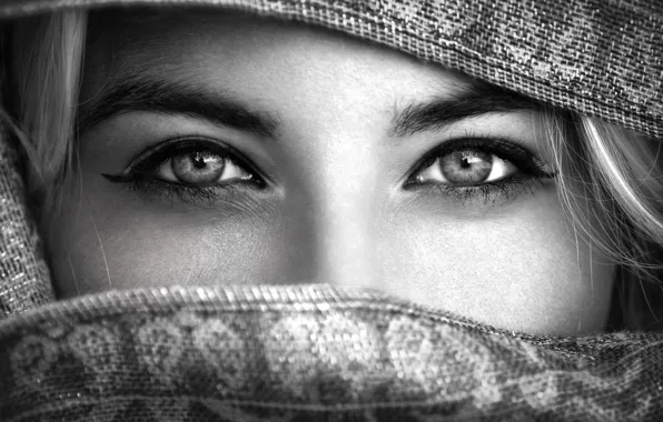 Picture eyes, look, girl, scarf, shawl, black and white photo