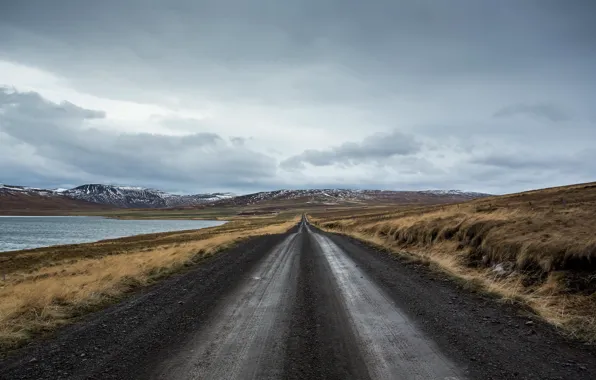 Road, field, mountains, lake, storm, gray clouds