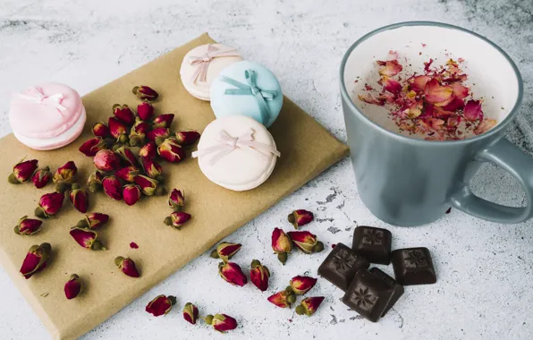 Cup, chocolate, macaroons, tea fragrant, rosebuds