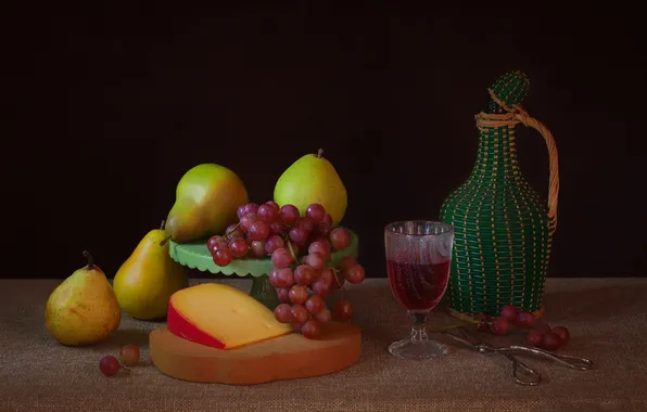 Wine, cheese, grapes, pear, pitcher, still life