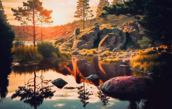 Forest, light, trees, landscape, nature, reflection, stones, rocks