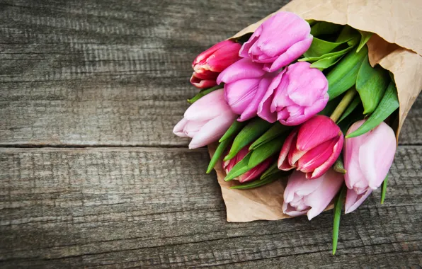 Flowers, bouquet, colorful, tulips, wood, pink, flowers, tulips