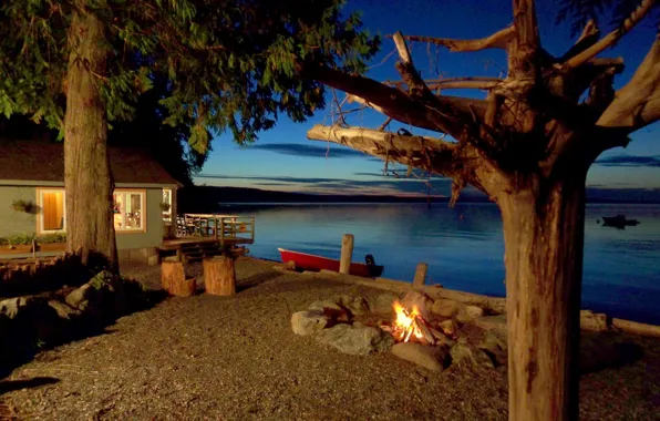 Picture lake, home, the evening, the fire