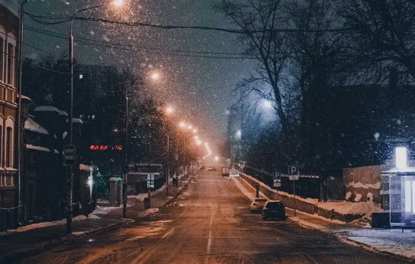 Picture winter, road, the sky, snow, trees, night, city, the city