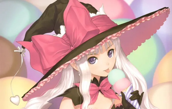 Language, hat, ice cream, gloves, bow, white hair, art, shining hearts