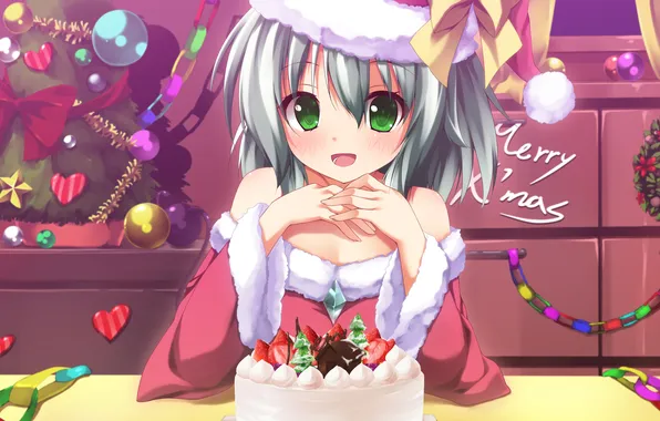 Picture room, new year, art, costume, girl, cake, tree, touhou