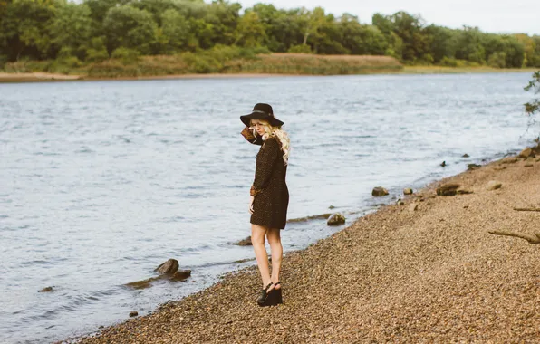 Water, girl, shore, hat, blonde